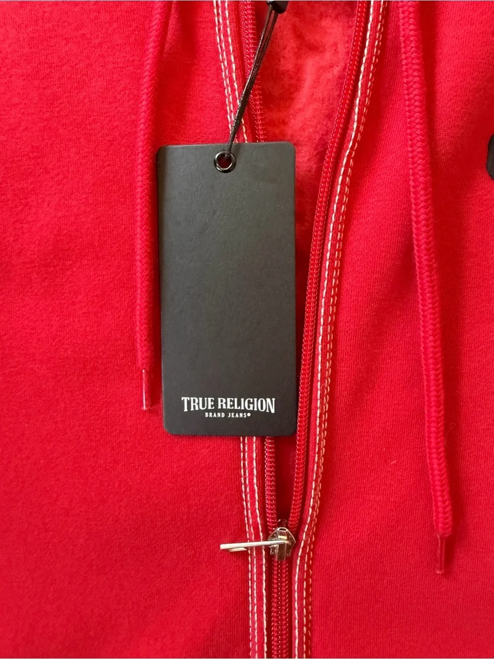 True Religion Red Zip-Up Hoodie with Contrast Stitching